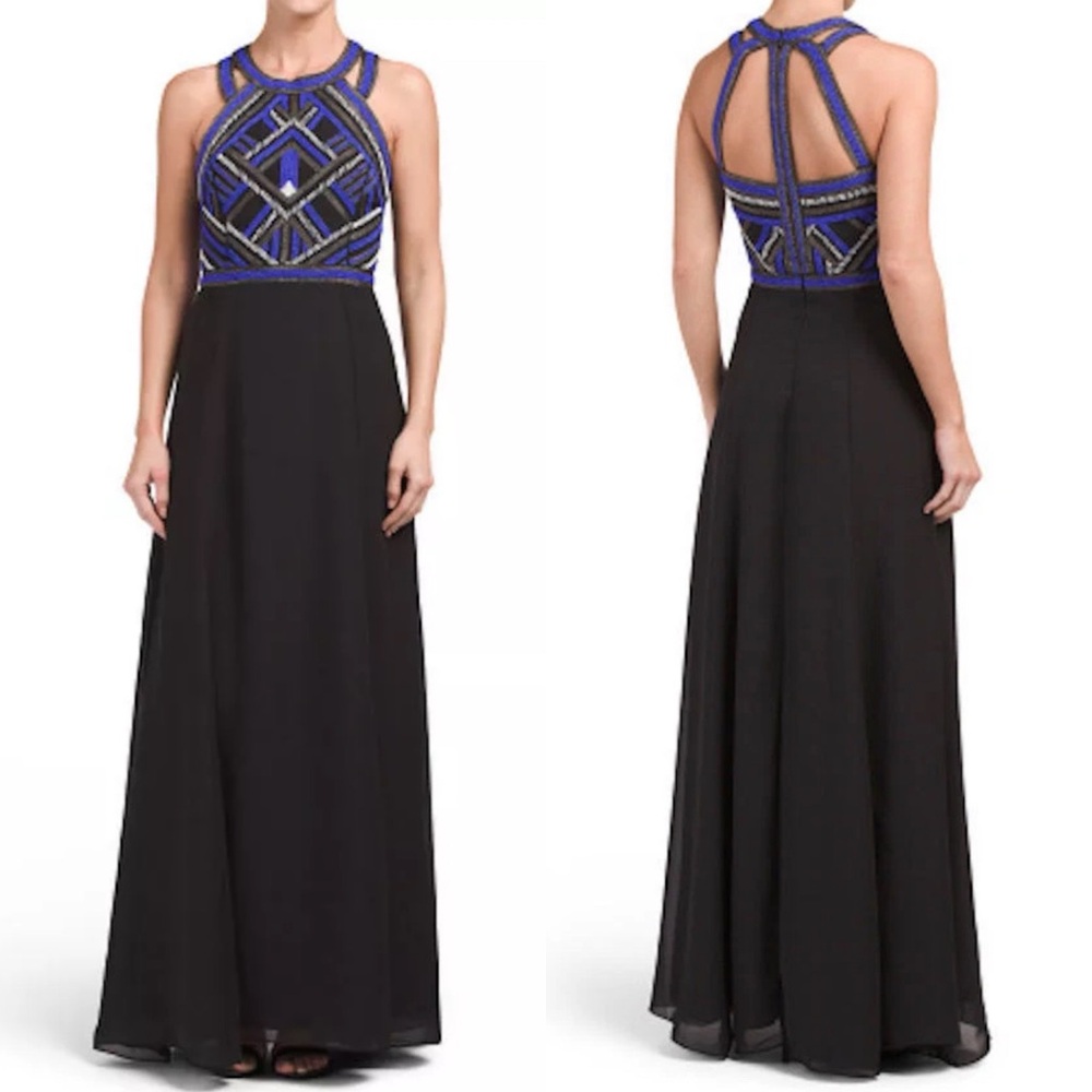 Parker Belize Black Blue Beaded Sequin Halter Top Halter Long Maxi Gown Silk